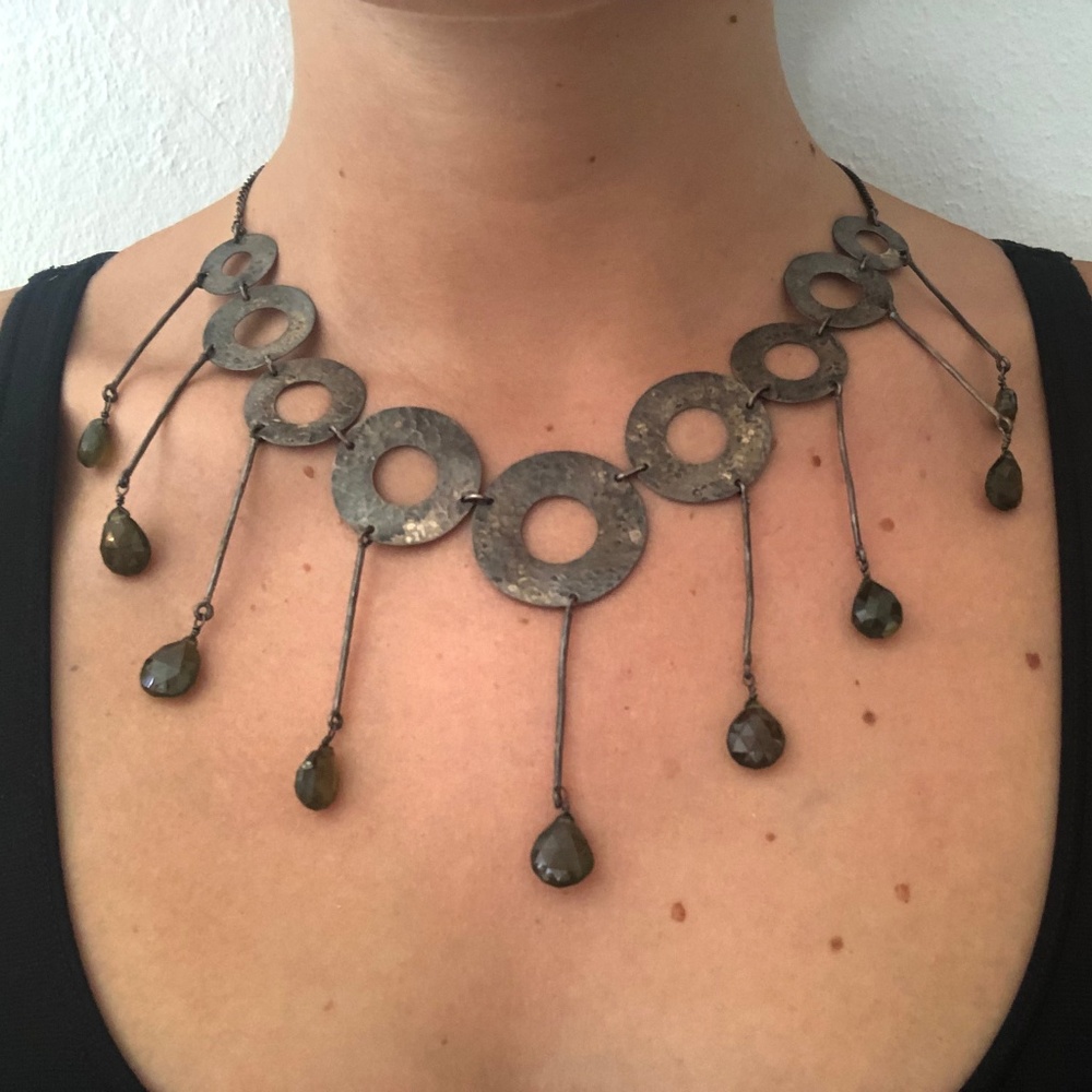Hammered silver Indian stone drop necklace